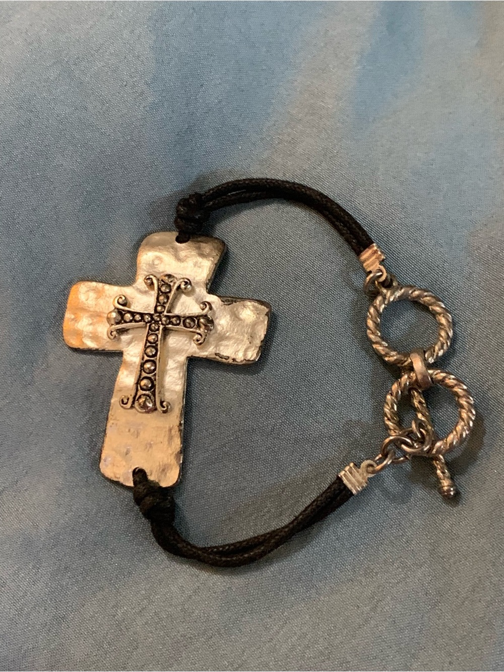 Silver Cross Cord Bracelet with Toggle Clasp